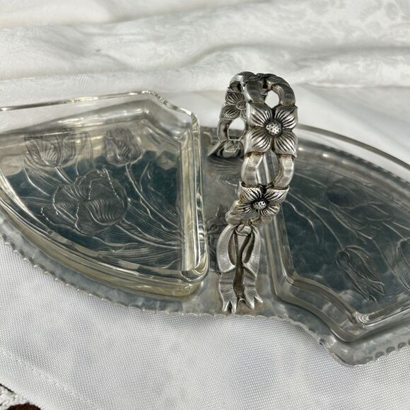 Vintage Floral Pewter Silver Tray with Glass Dishes - Picture 3 of 8